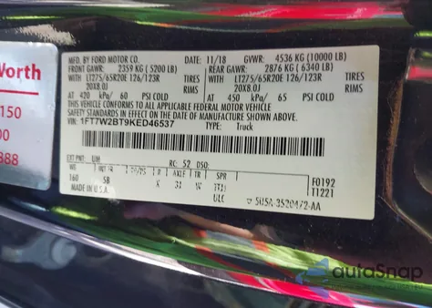 2019 Ford F-250 Lariat from USA, damaged, VIN 1FT7W2BT9KED46537